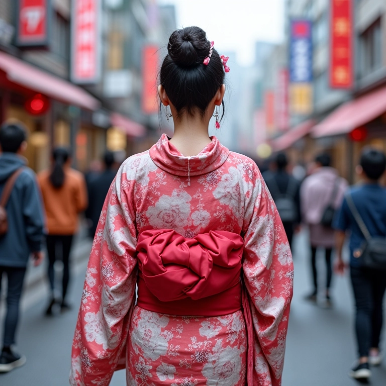 Mulher de kimono em Harajuku, cercada por moda de rua colorida.