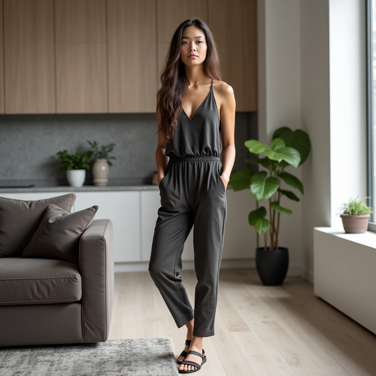 Mulher de macacão pantacourt e anabela em apartamento moderno.