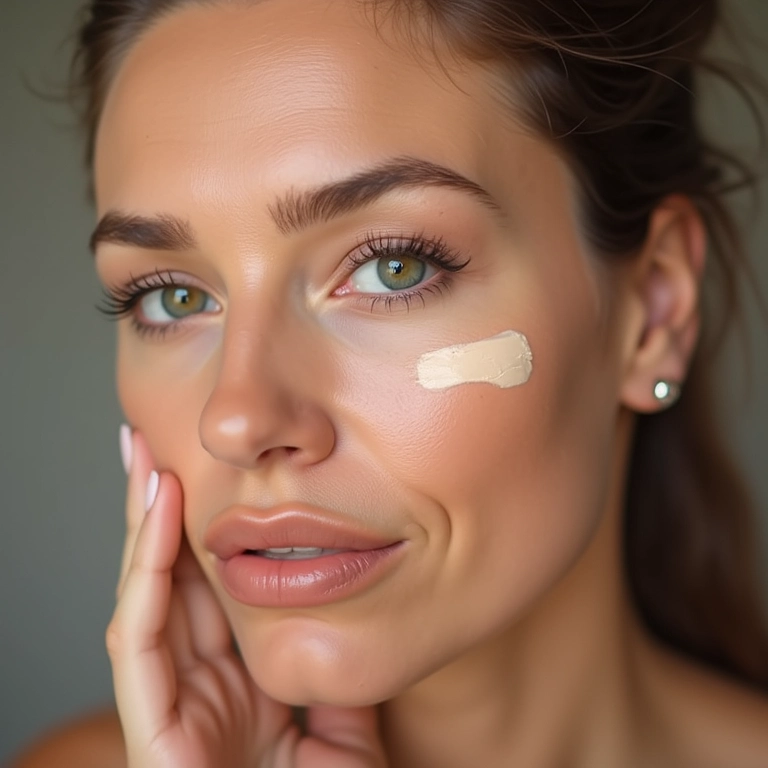 Mulher de meia-idade aplicando corretivo cremoso.