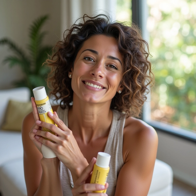 Mulher de meia-idade aplicando creme para pentear