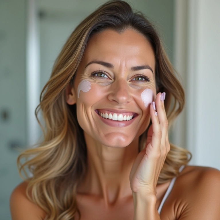 Mulher de meia-idade aplicando creme Z para hidratação power.