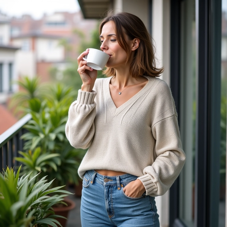 Mulher de meia-idade bebendo café na varanda com tricô leve e calça flare.