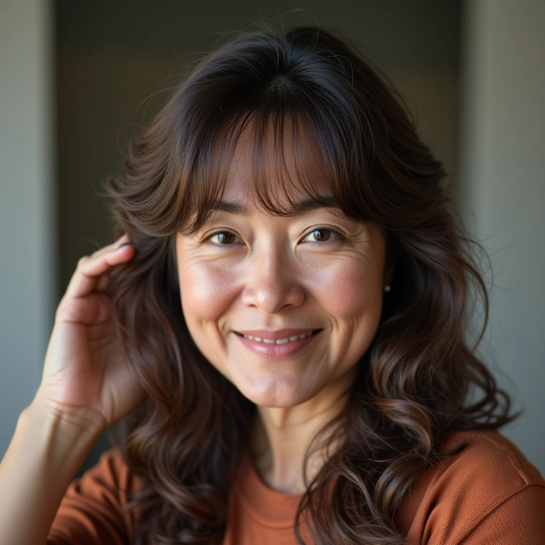 Mulher de meia-idade com cabelo ondulado e franja cortina, sorrindo e passando os dedos no cabelo.