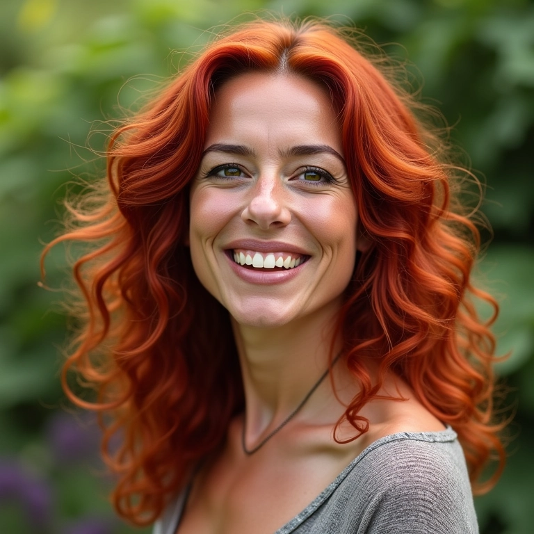 Mulher de meia-idade com cabelo ruivo vibrante.