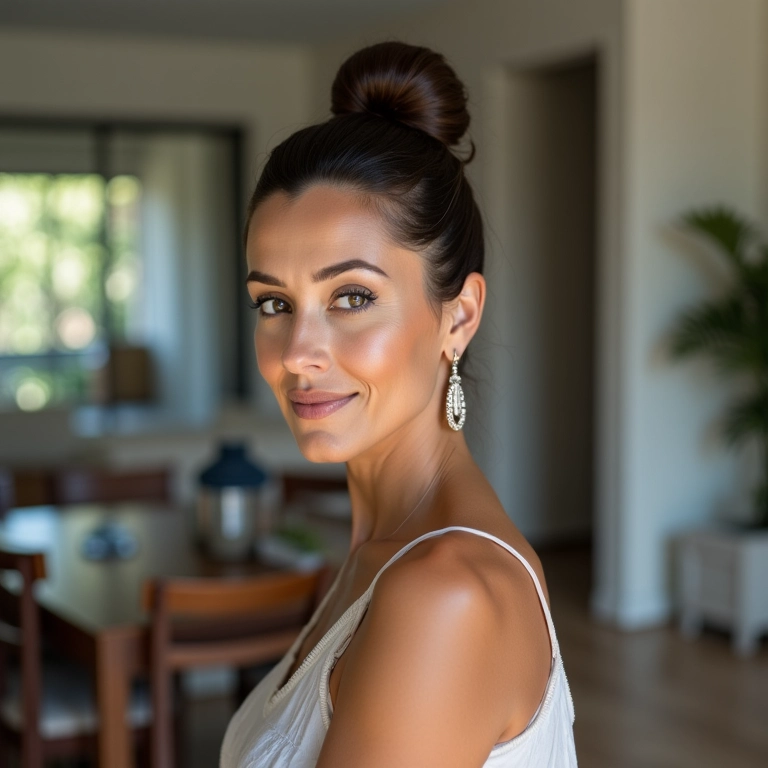 Mulher de meia-idade com coque alto moderno em apartamento elegante.