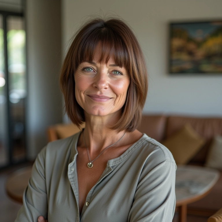 Mulher de meia-idade com corte bob elegante em apartamento moderno.