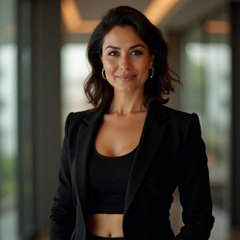 Mulher de meia-idade com cropped preto e blazer em ambiente de escritório estiloso.