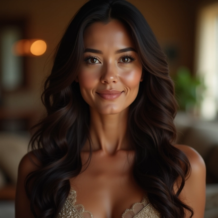 Mulher de meia-idade com franja lateral charmosa e cabelo ondulado longo.