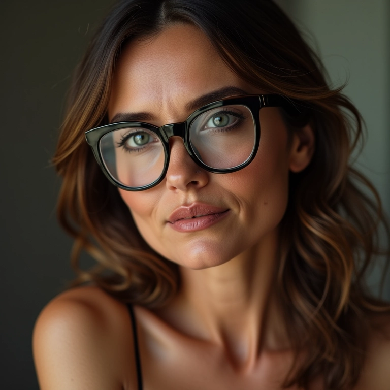 Mulher de meia-idade com óculos gatinho, elegância atemporal.
