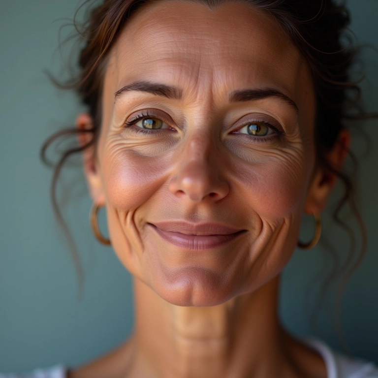 Mulher de meia-idade com pele radiante após rejuvenescimento com LED.