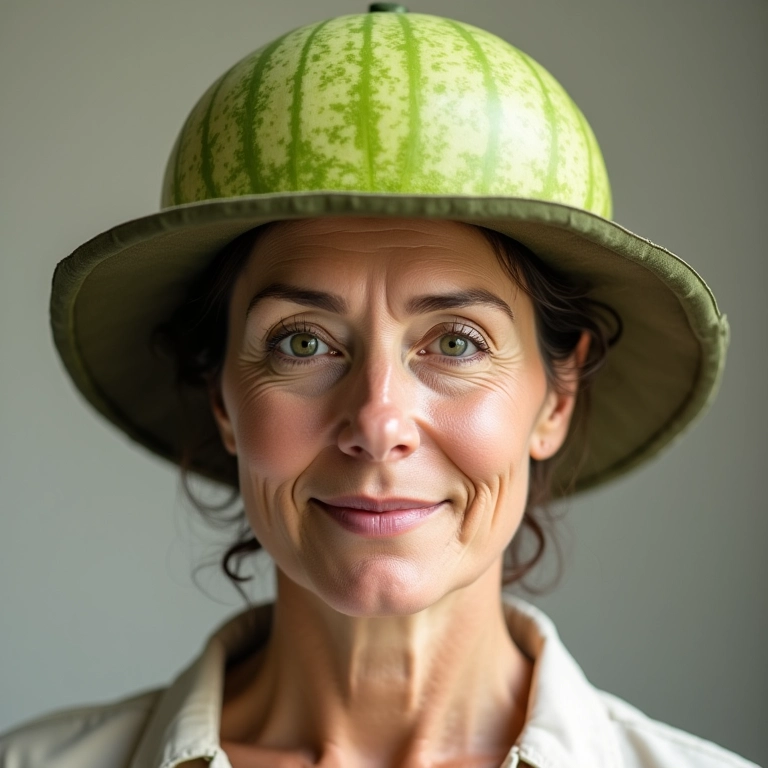 Mulher de meia idade com rosto oval usando chapéu melon de tamanho ideal.