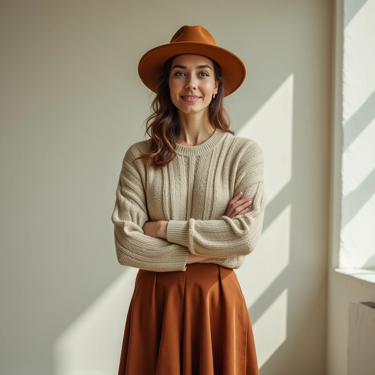 Mulher de meia-idade com saia midi, tricô e chapéu derby em estúdio ensolarado.