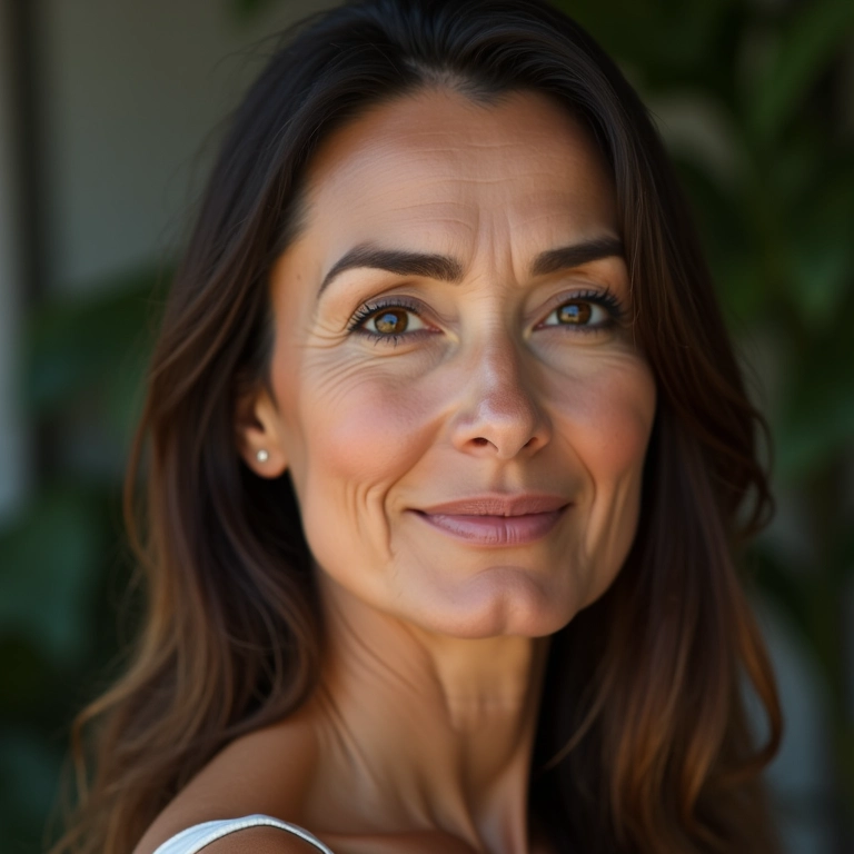 Mulher de meia-idade com sobrancelhas bem definidas, maquiagem sofisticada e natural para o Dia das Mães.