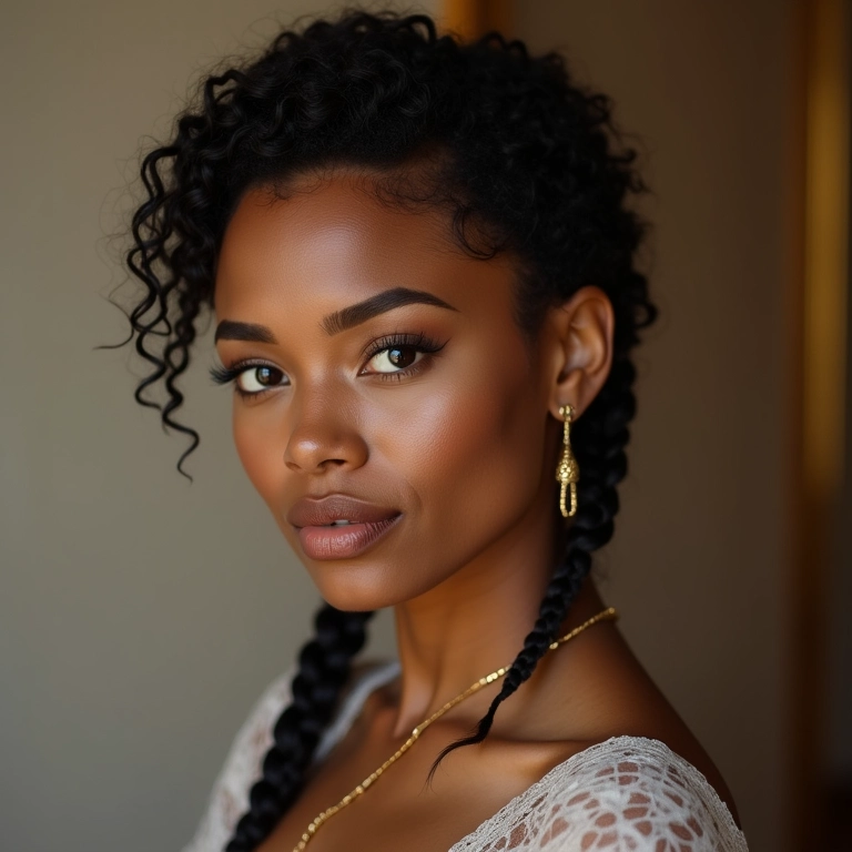 Mulher de meia-idade com tranças laterais e acessórios dourados.