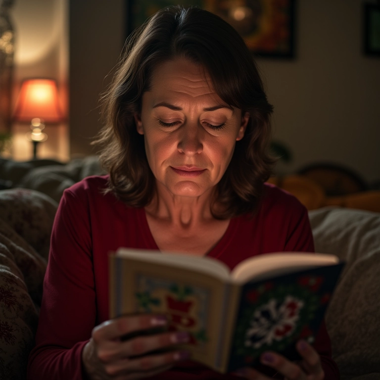 Mulher de meia-idade lendo cartão de Natal com expressão reflexiva.