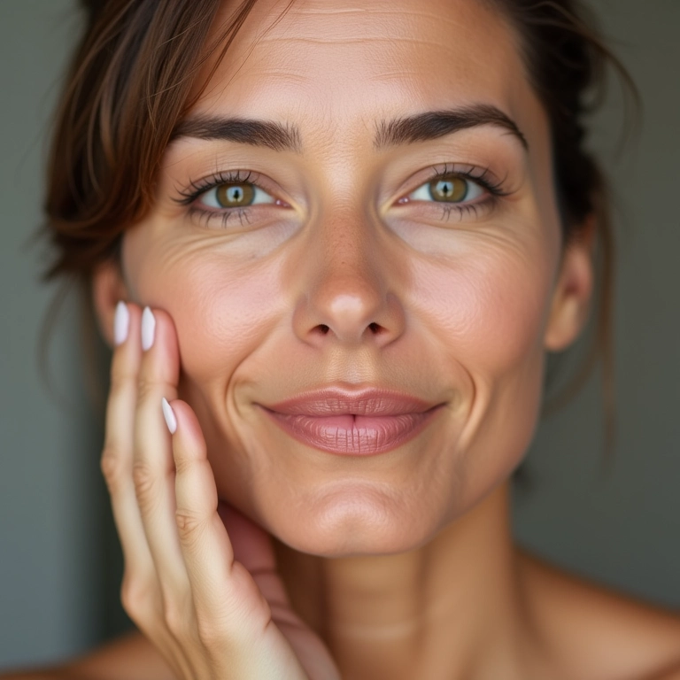 Mulher de meia-idade usando corretivo cremoso para cobrir imperfeições.