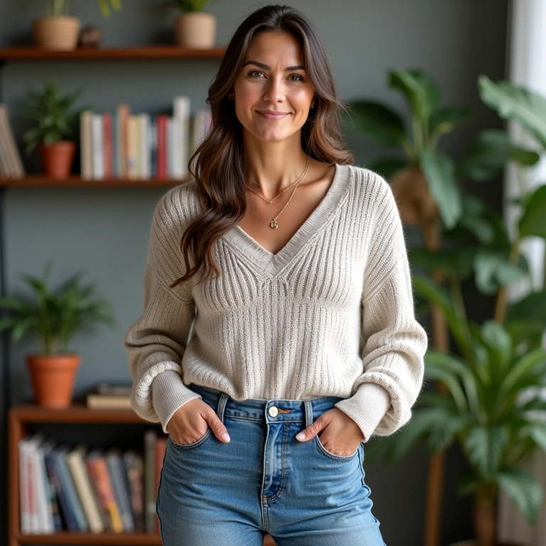 Mulher de meia-idade vestindo mom jeans e suéter aconchegante.