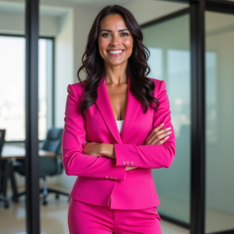Mulher de negócios brasileira usando um terno rosa vibrante em um escritório moderno.