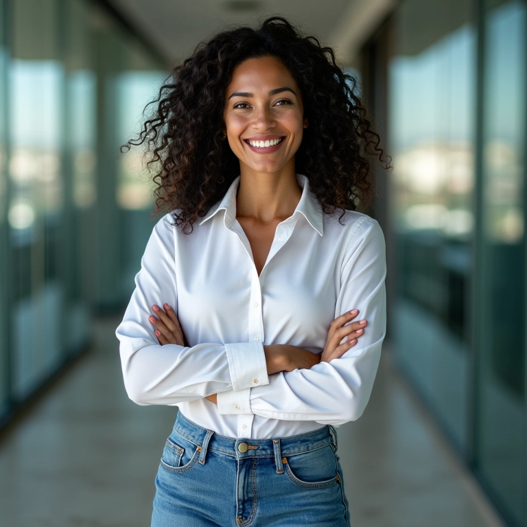 Mulher de negócios com calça jeans e camisa no escritório.