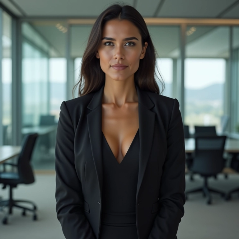 Mulher de negócios usando body com blazer em ambiente de escritório moderno.