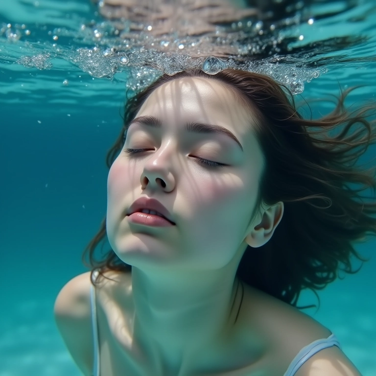 Mulher de olhos fechados, expressão serena, cercada por ondas suaves, representando sonhos.
