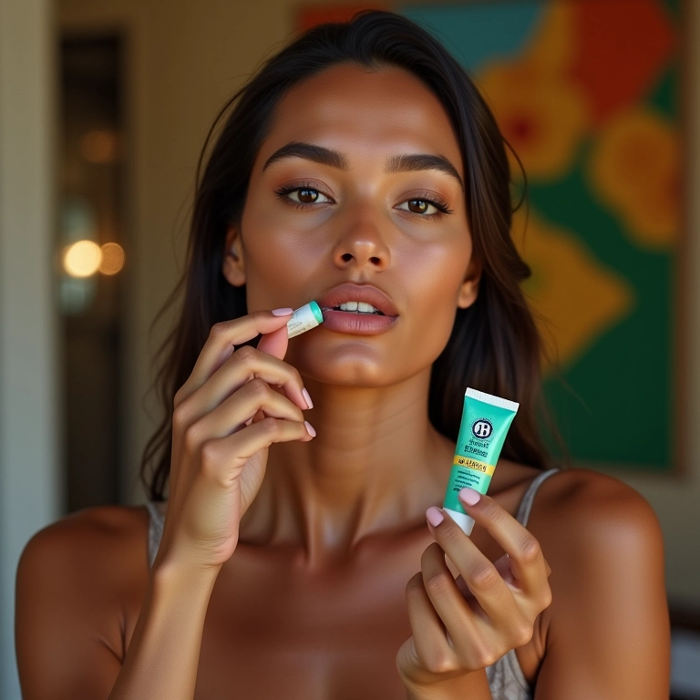 Mulher de pele bronzeada aplicando BT Multi Balm da Bruna Tavares nos lábios.