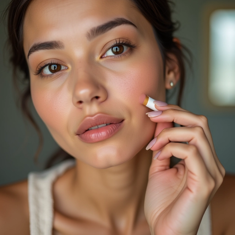 Mulher de pele clara aplicando stick multifuncional nas bochechas.