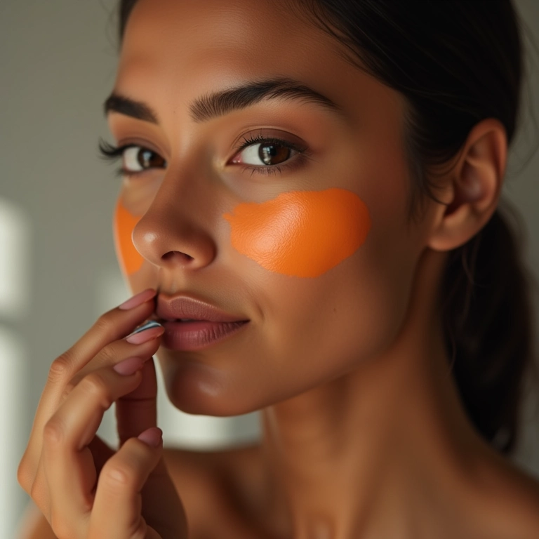 Mulher de pele morena aplicando corretivo laranja para olheiras azuladas e manchas escuras.
