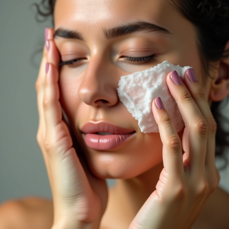 Mulher de pele seca limpando o rosto com água micelar, demonstrando hidratação e cuidado.