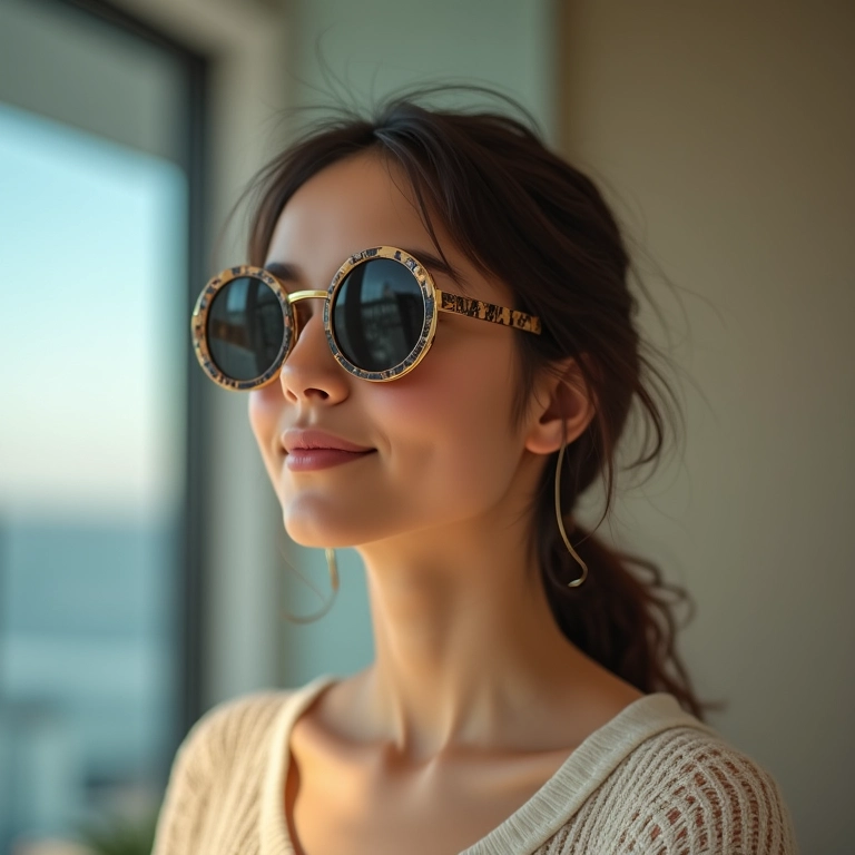 Mulher de rosto redondo experimentando diferentes formatos de óculos de sol.