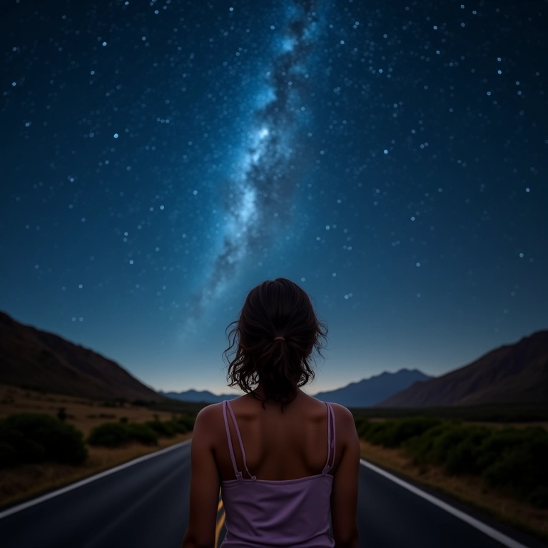 Mulher de Sagitário admirando o céu estrelado, simbolizando aventura e otimismo.