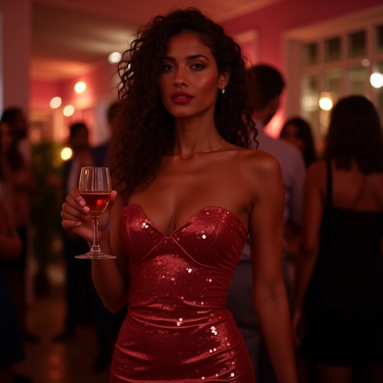 Mulher de saia lápis de paetês em festa, segurando taça de champanhe.