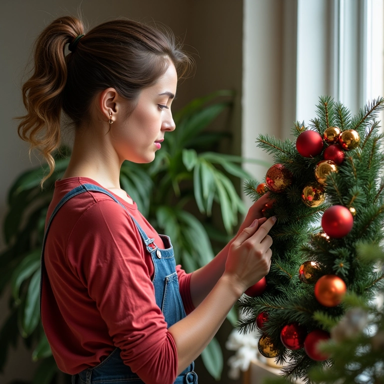 Mulher decorando guirlanda de bolas de Natal coloridas.