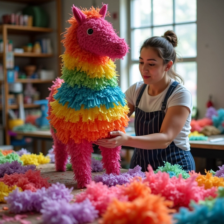 Mulher decorando uma piñata grande com papel crepom colorido em oficina iluminada.