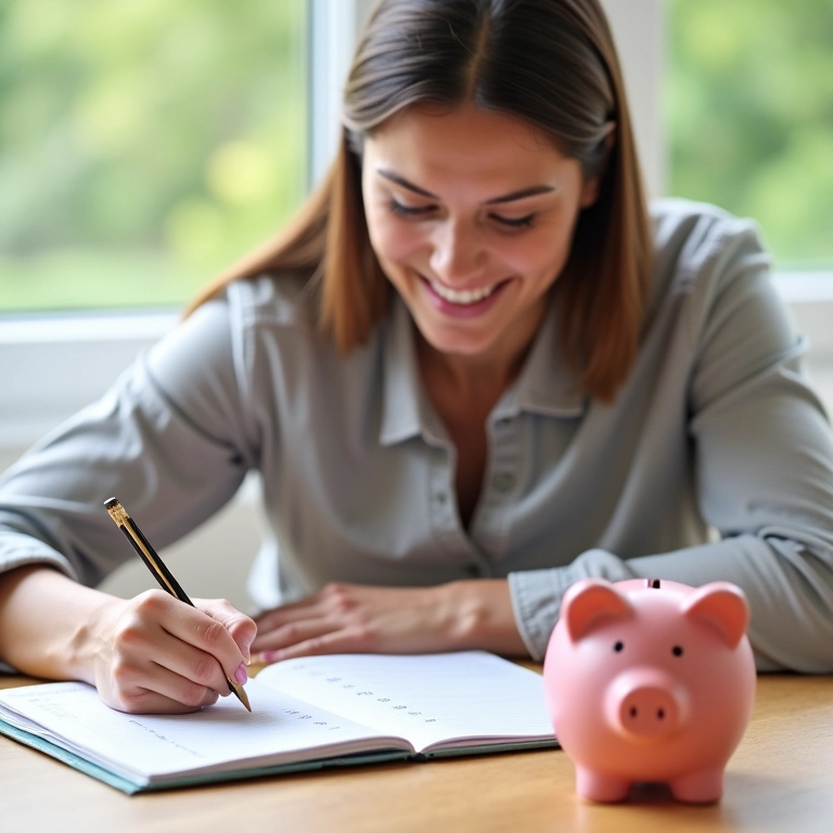Mulher define metas de economia mensais em um planner.