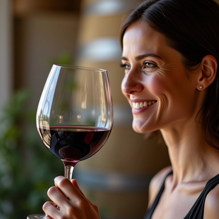 Mulher degustando vinho em vinícola boutique no Vale dos Vinhedos.