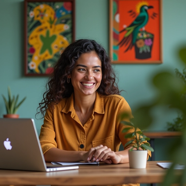 Mulher delegando tarefas em videochamada.