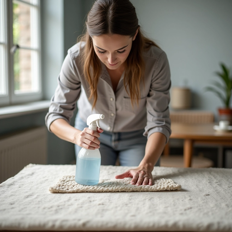 Mulher demonstrando a limpeza a seco de um tapete.