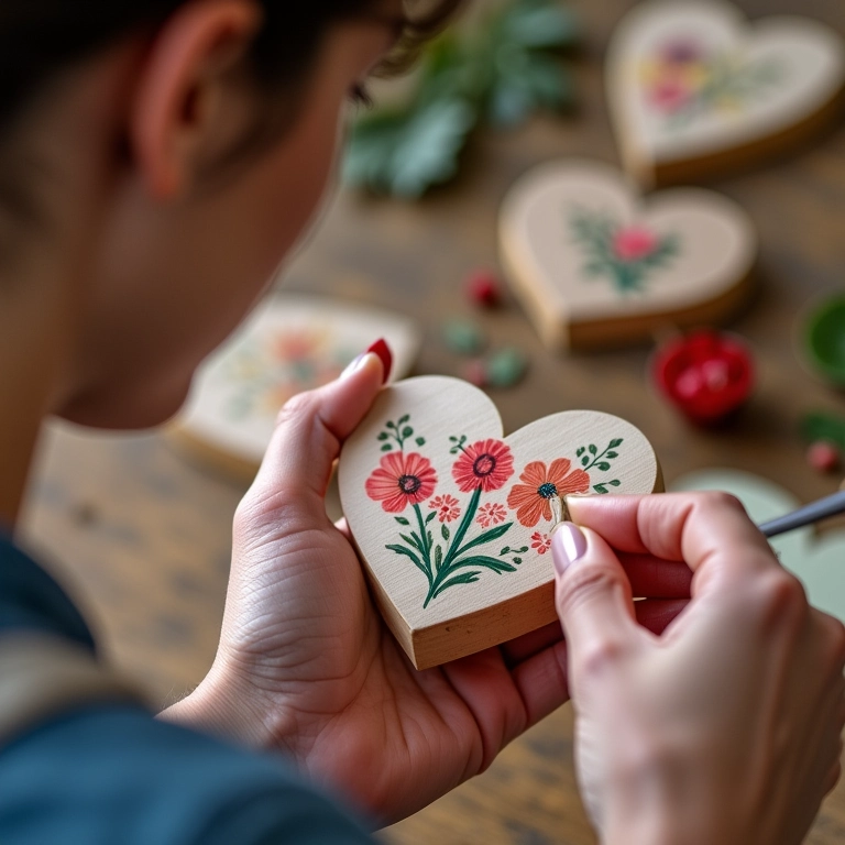 Mulher demonstrando as técnicas básicas de pintura Bauernmalerei em um coração de madeira.