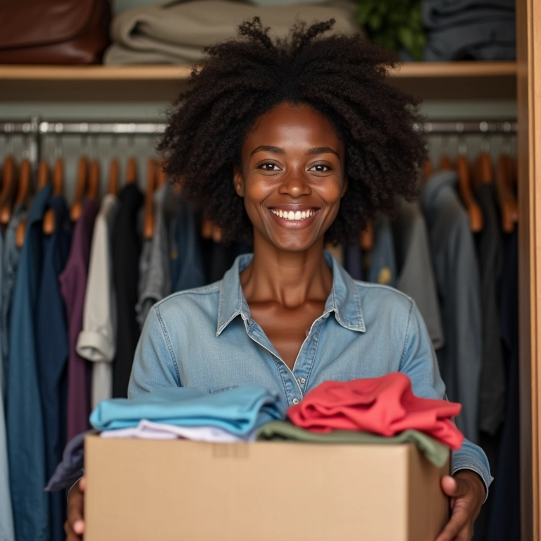 Mulher desapegando de roupas em closet pequeno e organizado.