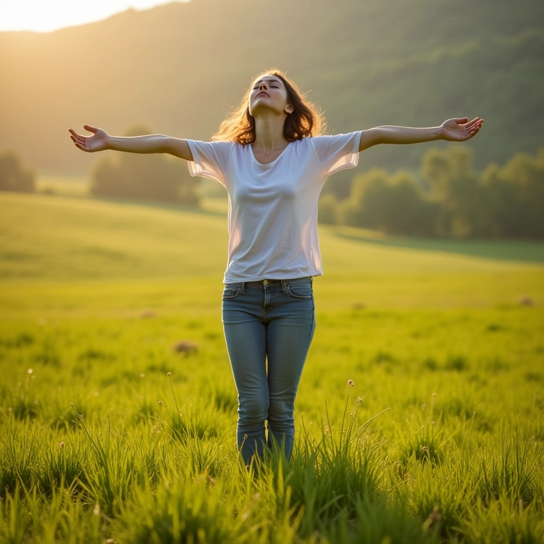 Mulher descalça na grama praticando aterramento (grounding) para aliviar a ansiedade.