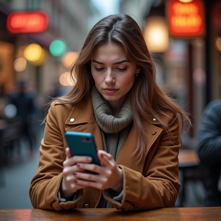 Mulher desconfiada olhando oferta de viagem barata no celular.