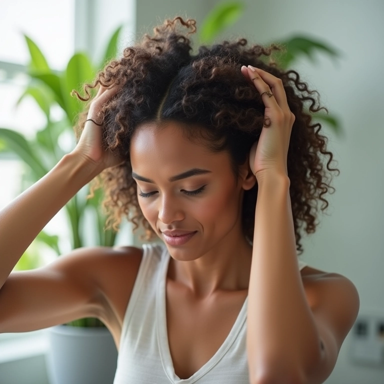 Mulher desembaraçando o cabelo cacheado com cuidado e paciência.