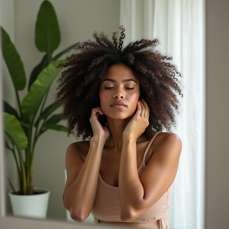 Mulher desembaraçando o cabelo com paciência durante a transição capilar.
