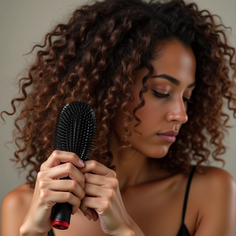 Mulher desembaraçando os cabelos cacheados com uma escova polvo com cuidado.