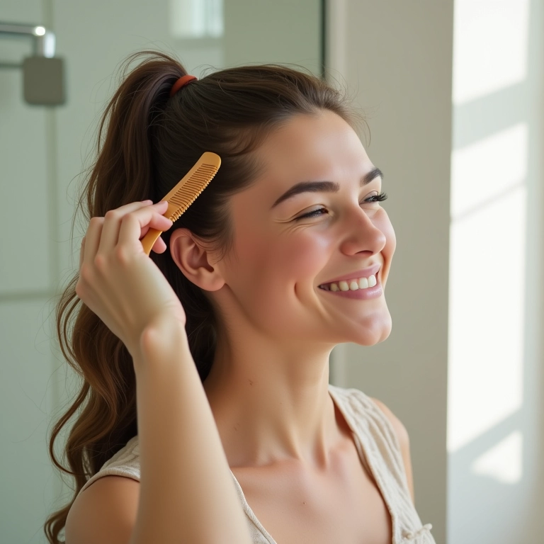 Mulher desembaraçando os cabelos delicadamente com pente de dentes largos.