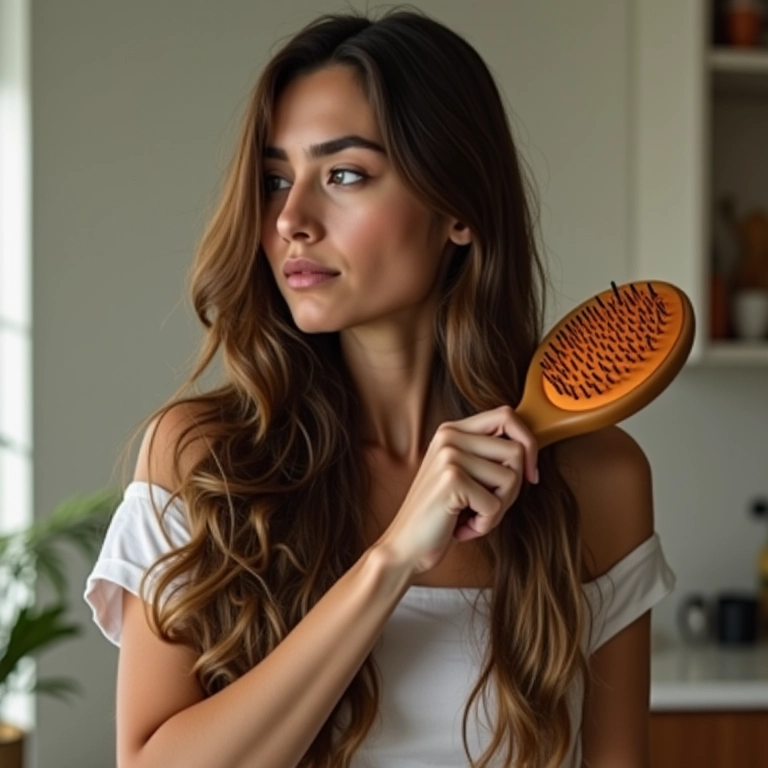 Mulher desembaraçando os cabelos longos com uma escova raquete em um apartamento decorado com estilo brasileiro.