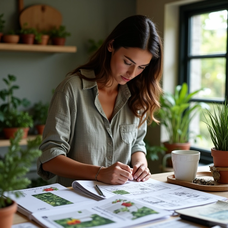 Mulher desenhando design de jardim com inspiração brasileira.