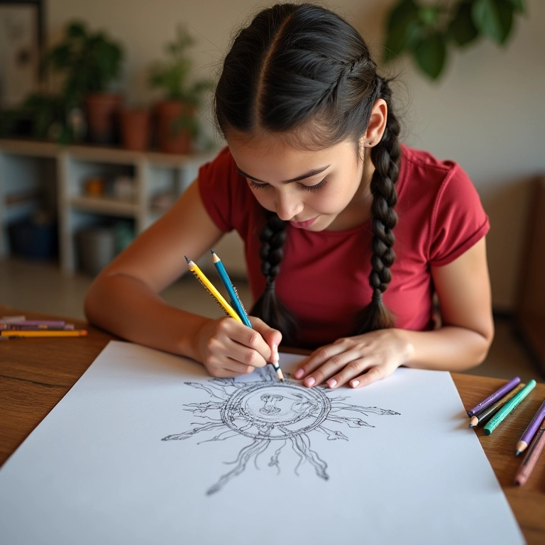 Mulher desenhando livremente em um ambiente Farm Rio, expressando criatividade e coordenação fina.