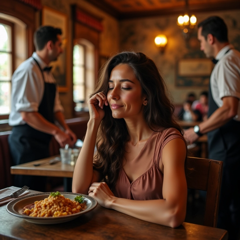 Mulher desfrutando de refeição em restaurante tradicional egípcio, com garçons amigáveis, desmistificando o assédio.